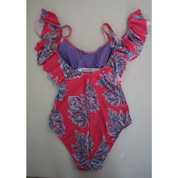 Nicole Miller Women's Sz S Pink Floral Cold Shoulder w/Ruffle 1-Pc Swimsuit $120 - Picture 6 of 7